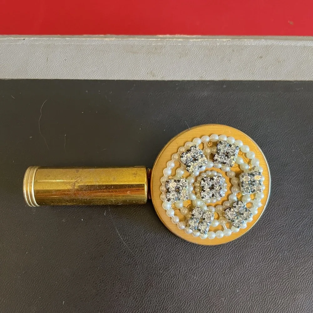 Vintage‎ Rare Lipstick Holder With Mirror Gold Tone with Rhinestones Faux Pearls